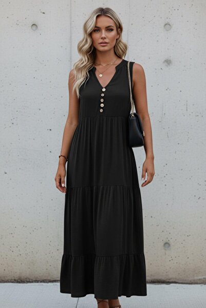 Mossta Φόρεμα Hakim Yaka Αμάνικο Midi Βισκόζη - Μαύρο