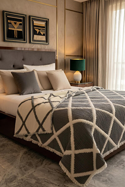 VERONİCA LİNE Premium Geometric Square Patterned 100% Cotton Muslin Reversibl...