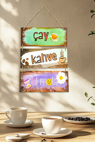 kutuTR Çay Kahve Bi Mola Yazılı 3 Parçalı Ahşap Duvar Panosu – İpli Asmalı Mu...