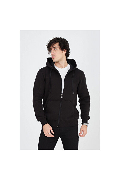 Narnuga Hooded Plain Zippered Cardigan - Black -
