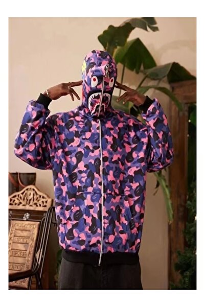 Erzani Kids Camouflage Print Shark Hooded Full Zipper Bape Pubg Embroidered C...