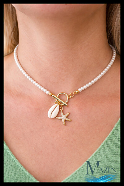Starfish & Shell Detailed Pearl Necklace | T Bar Closure | Gold Detailed Summer Design