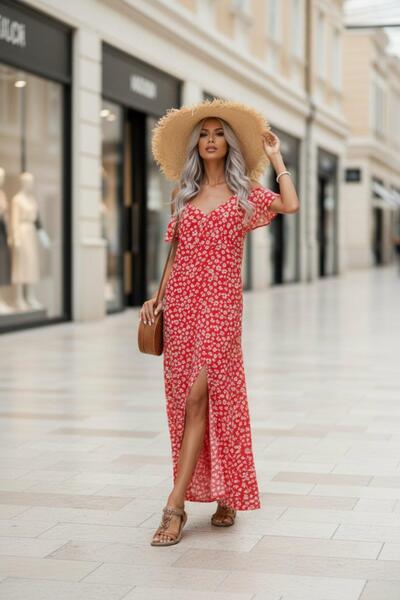 Mossta Φόρεμα Off Shoulder Με σχέδιο Long Μονό ζέρσεϊ - Κόκκινο