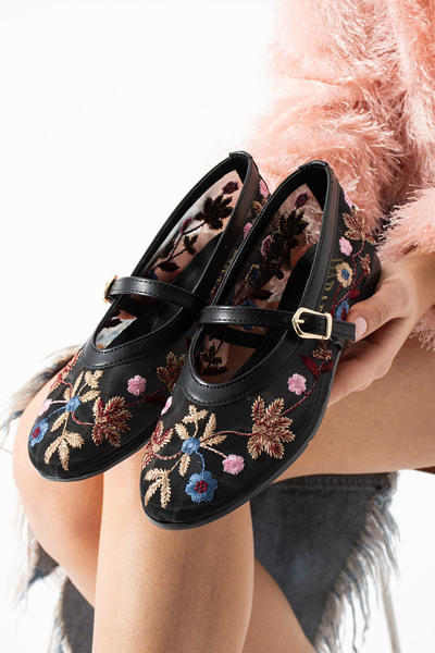 dabab shoes BEGONIA Γυναικεία Μαύρα Λουλούδια Με κέντημα Διαφανές Μπαλαρίνα Π...