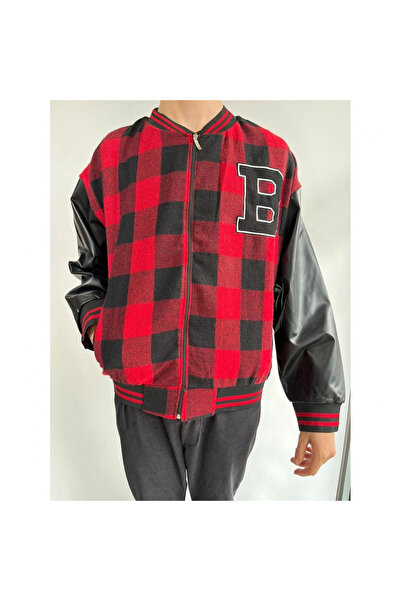 Narnuga   Gingham Pattern Embroidered College Jacket - Red