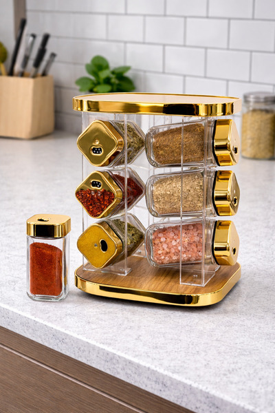 moontime alaçatı 12'li Cam Baharatlık Takımı, Döner Tuzluk, Mutfak Gereçleri