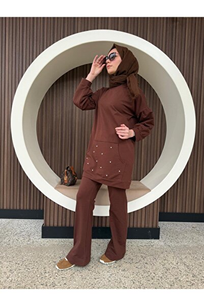 AYSUN AYDEMİR Brown Top and Bottom Two-Piece Hijab Tracksuit Set