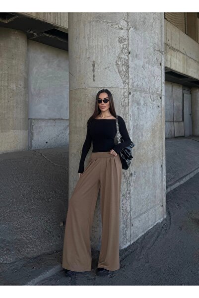 Fav Style Women's High Waist Wide-Leg Pleated Detailed Fabric Trousers Camel
