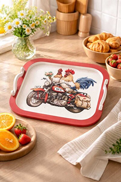 ÖMÜR Vintage Tasarımlı – Tavuk & Motosiklet Desenli Tepsisi