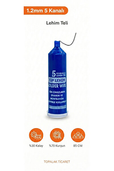 TOPALAKTİCARET 5 Kanallı Tüp Lehim Teli 1.2mm 85cm (yaklaşık) %30 Kalay %70 K...