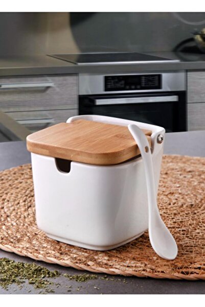 moontime alaçatı Porselen Tezgah Üstü Tuzluk ve Kaşıklı, 450ml Baharatlık Seti