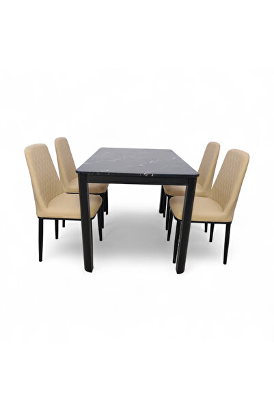 concent طقم طاولة طعام رخامية 1+4 مع كراسي جلد – تصميم بيج على أسود
