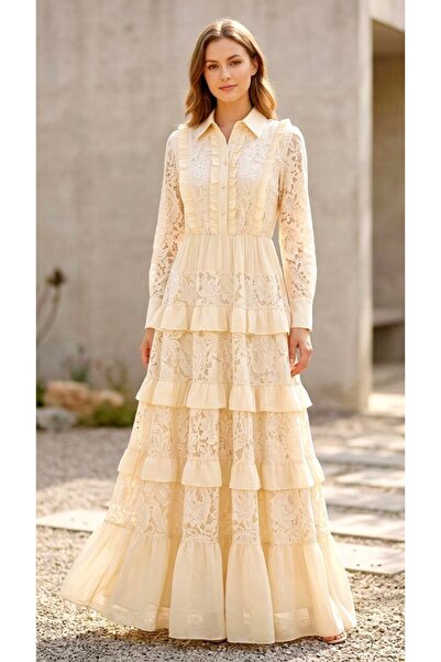 Rabiossa Kadın Fırfır ve Dantel Garnili Gömlek Yaka Uzun Elbise