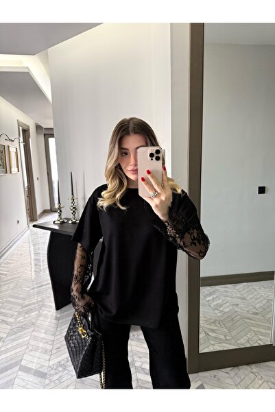 manana fashion Black Sleeves Lace Detailed Special Design Modal T-Shirt