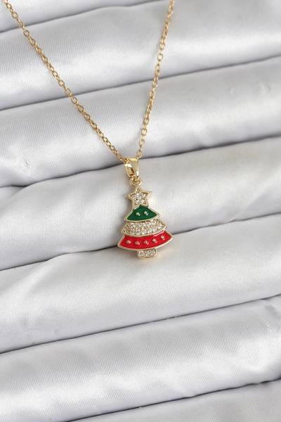 shopwave قلادة نسائية من الفولاذ 316L بتصميم شجرة الصنوبر الذهبية مع أحجار ال...