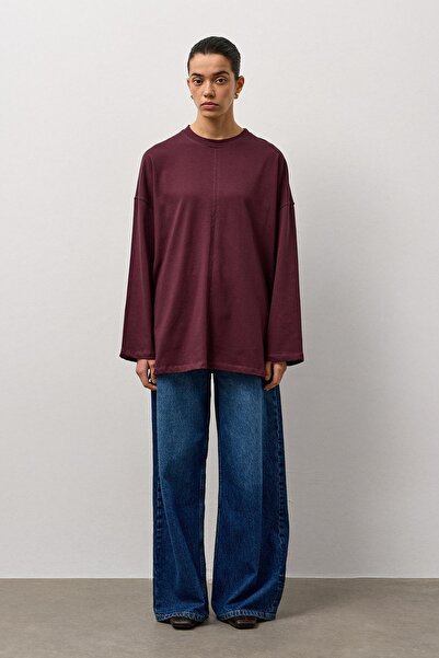 Molene Bordo Oversize Kesim Uzun Kollu Basic T-Shirt