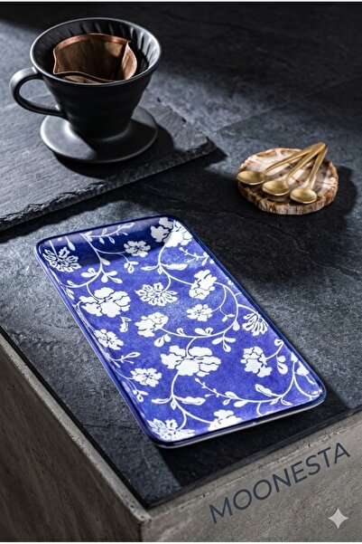 Madame Coco Rêve Bleu Rennes Dikdörtgen Tabak Mavi Kayık Tabak 22 x 12 Çiçekli