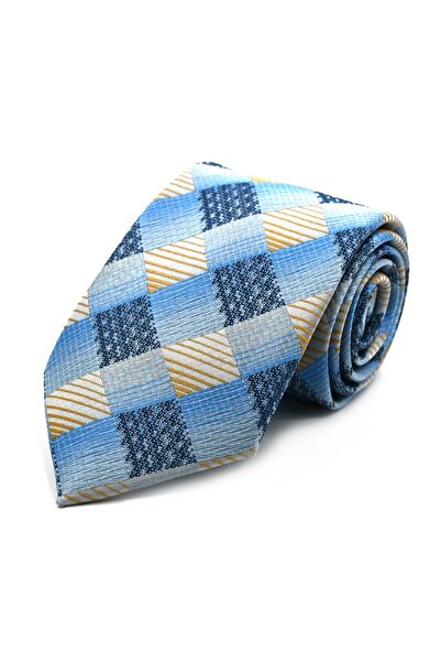 Sade Kravat Ice Blue Navy Blue Cream Mustard Plaid Pack Tie 33194 Blue