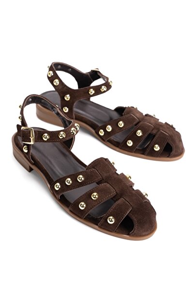 PASSAGE SHOES Women's Genuine Leather Eyelet Detail Sandals 6340 Brown Suede