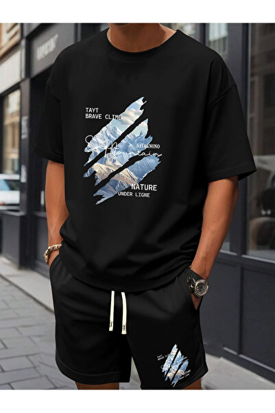 Rayan & Hoor Style Printed t-shirt tracksuit set with black shorts