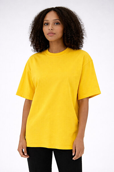 İLKCET MODA Unisex Yellow Oversized Kalıp Tok Fabric Basic T-Shirt