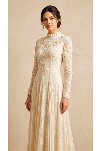 Rabiossa Kadın İnci İşlemeli 3D Çiçek Aplikeli Dantel Elbise