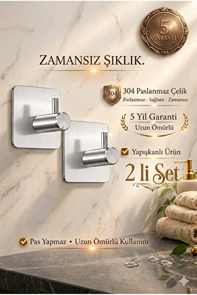 Alper Banyo Premium 304 Paslanmaz Çelik Bornoz Askısı 2’li Set | Güçlü Yapışk...