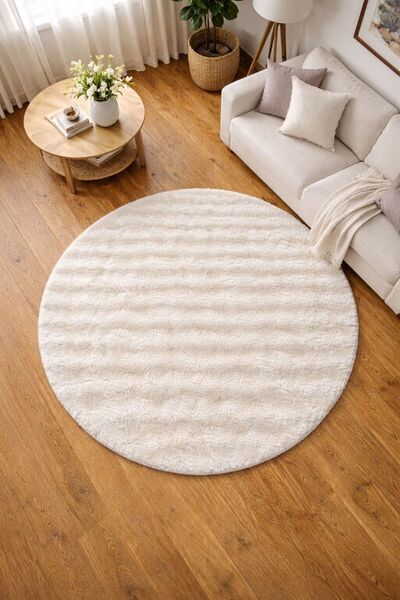 TALYA HALI Acar Home Krem Yumuşak Bubble Yuvarlak Kaymaz Özel Taban Peluş Halı