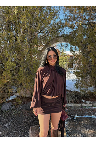 kırmızı butiks Καφέ Σετ Δύο Τεμαχίων με Επένδυση Ώμων και Υφή Άμμου