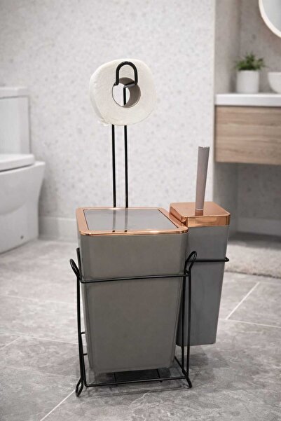 sitil eviniz Latte-Bronz 2'li Telli Kare WC Kağıtlığı Fırçalığı Çöp Kovası Se...