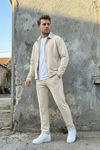 MADZEYMODA Ανδρικό ελαφρύ Κρεπ Υφασμάτινο μπουφάν με φερμουάρ & παντελόνι σε ...