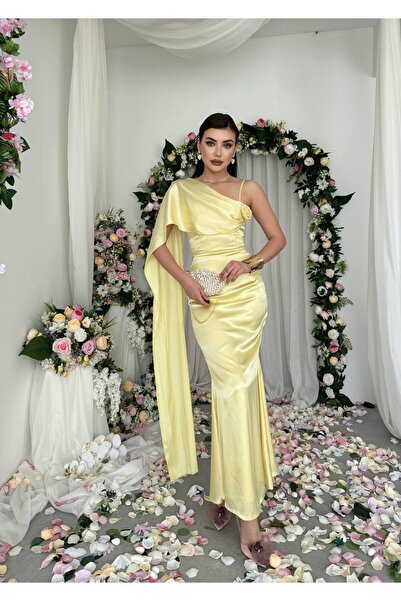 ETİKAFASHION Saten Gül Detaylı Tek Omuz Abiye Elbise