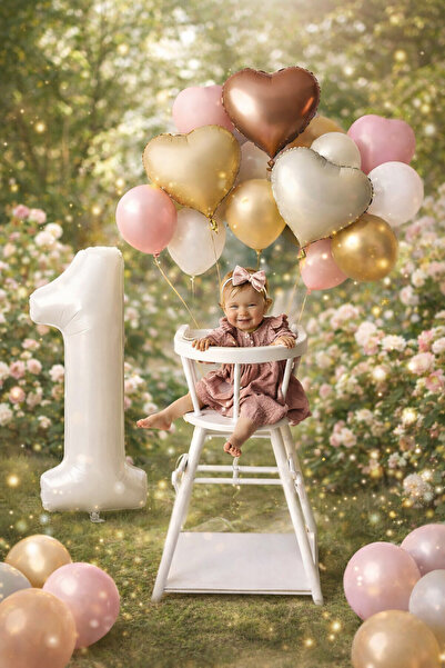 KAR TANESİ 1 Yaş Doğum Günü Balon Seti – Beyaz 1 Rakam Folyo + Gold & Krem Ka...