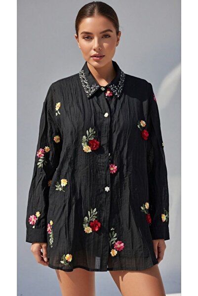 Rabiossa قميص نسائي بياقة مطرزة ونقشة زهور ملونة N مطرز