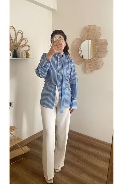 Nihanello Butik Çizgili belden oturmalı gömlek