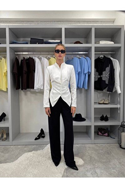 Julidress Padded Shoulders Premium Asymmetrical Jacket with Lined Pens and Ti...