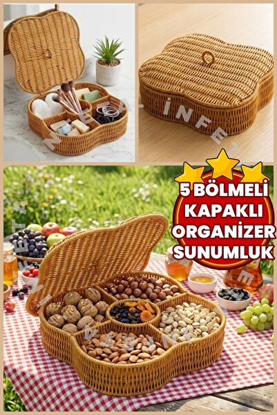 İnfeta 5 Bölmeli Kapaklı Organizer Kutu & Sunum Sepeti- Çok Amaçlı Rattan Mut...