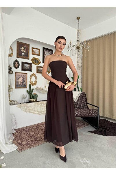 ETİKAFASHION Straplez Korsaj Şifon Etek Uzun Abiye Elbise