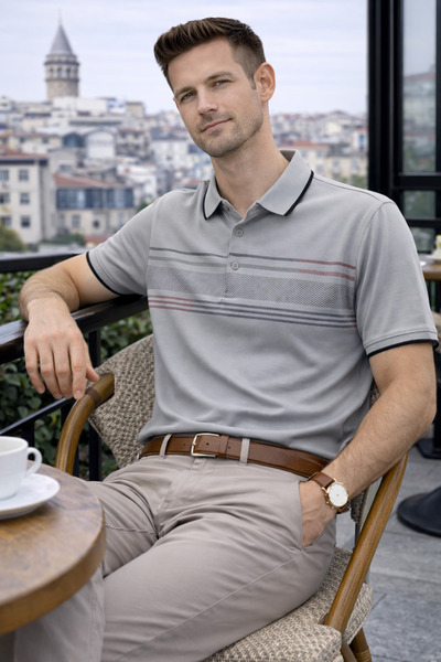 Maccali Men's Cotton in Patterned Comfortable Gray Polo Neck T-Shirt