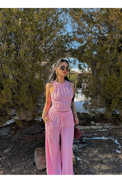 kırmızı butiks Pembe Halter Ters Dikişli İkili Takım