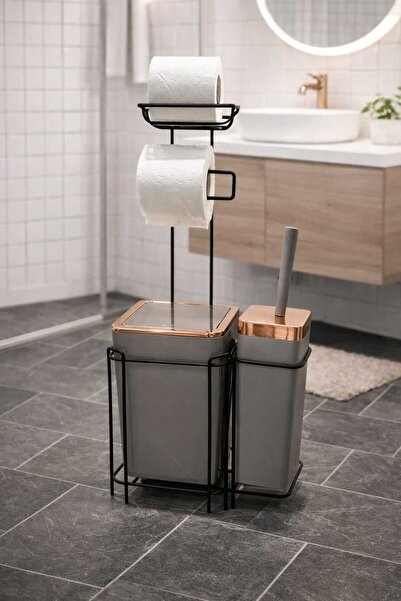sitil eviniz Latte -Bronz 2'li Telli Kare WC Kağıtlığı Fırçalığı Çöp Kovası S...