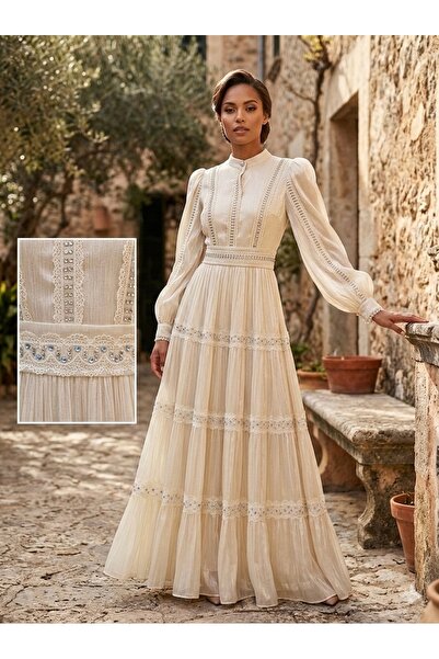 Rabiossa Taş İşlemeli Uzun Kollu Uzun Elbise