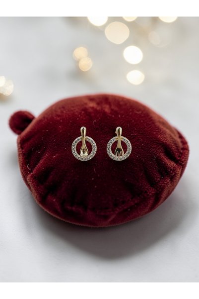 ahsenaksesuar2025 Cute Minimal Steel Earrings with Fork Spoon Model Gold Color Zircon Stone