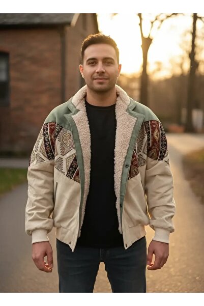 CANMODA (7849) Recien Unisex Fur-Trimmed Yaka Vintage Aztek Jacket Oversized ...