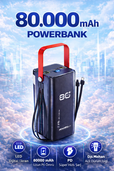 Weskam 80.000 mAh Güçlü Powerbank LED Işıklı Dijital Göstergeli PD Hızlı Taşı...