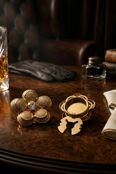 Reoona El Yapımı Özel Üretim Kristalli Metal Gold Pirinç Kaplama Düğme Broş