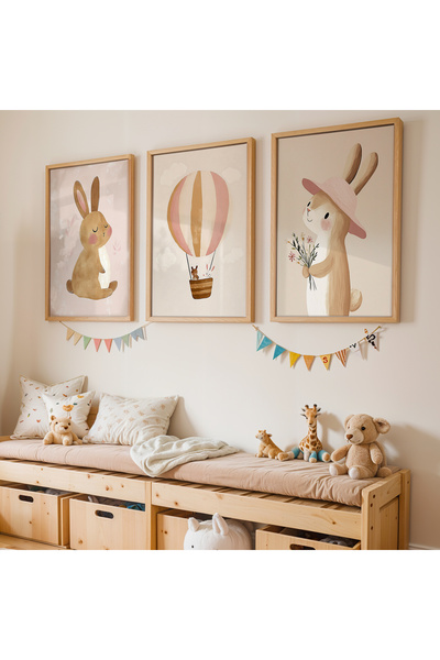 Artiera 3 Parça İskandinav Boho Kız Çocuk Odası Ahşap Çerçeveli Tablo Seti