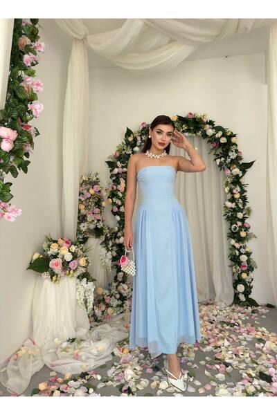 ETİKAFASHION Straplez Korsaj Şifon Etek Uzun Abiye Elbise