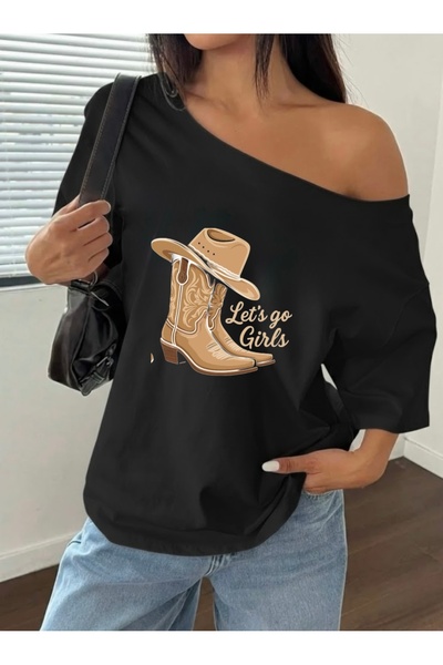 FUFLUNS LETS GO GİRLS ΕΚΤΥΠΩΤΟΥΜΕΝΟ OVERSIZE ΓΥΝΑΙΚΕΙΟ T-SHIRT ΜΕ ΛΑΙΜΟΚΟΨΗ ΚΑΪΚ