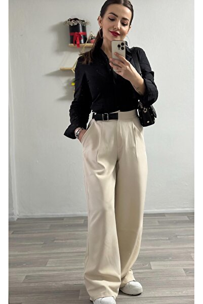 Derya Akyol Kemer Detaylı Krem Renk Palazzo Pantolon